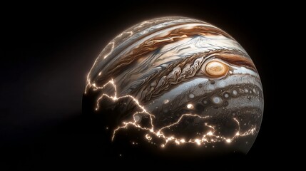 Wall Mural - Celestial Majesty: Jupiter's swirling cloud bands and the dramatic glow of electrical energy illuminating the planet in this photorealistic artwork.