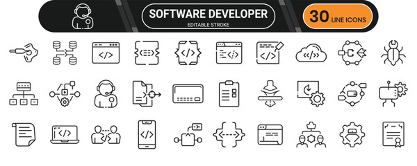 Software developer line icons showcasing coding, laptop tools, backend systems, and frontend elements for tech design sets.