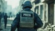 © affa_dreams - Courageous journalist wearing protective gear with a 'PRESS' insignia on the back, documenting war scenes in a dilapidated urban landscape filled with uncertainty and danger