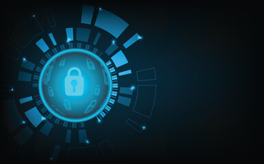 Futuristic digital padlock on abstract cyberspace background with encryption code, firewall, and secure connection symbol, representing online privacy, cyber defense, network protection, technology.