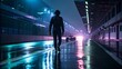 © DH - Formula 1 Driver Walks on Wet Night Race Track with Neon Lights