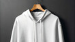 © MindRender - A white hoodie mockup displays a classic pullover sweatshirt hanging on a wooden hanger against a dark grey background
