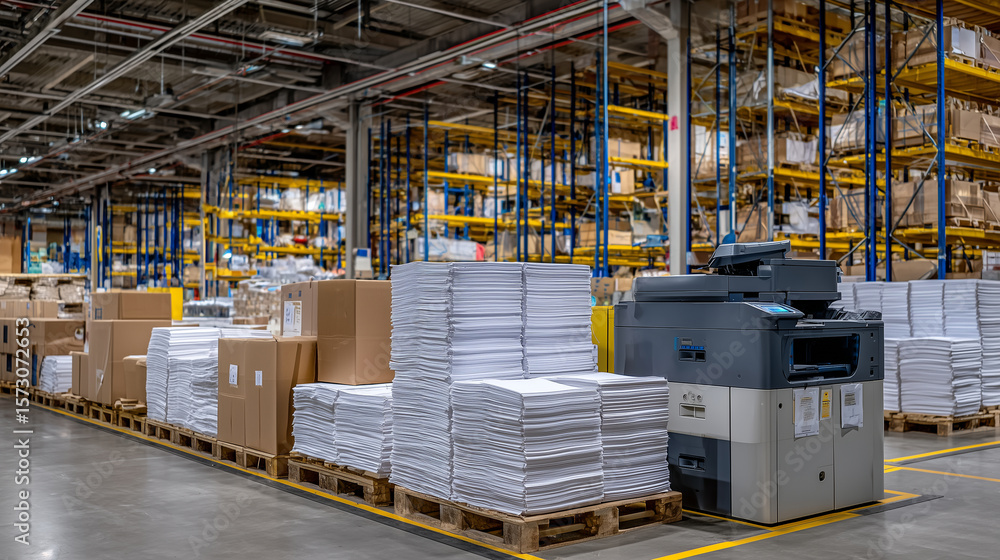 Paper Ream Rack Neatly bundled stacks of white sheets aligned next to copier ...