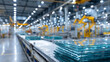 © Maksym - Industrial glass factory interior with neatly stacked transparent panes of varying thickness glinting under overhead lights, automated conveyor belts and robotic arms working in th