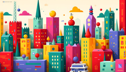 Wall Mural - Colorful cityscape illustration with geometric buildings and a playful design.