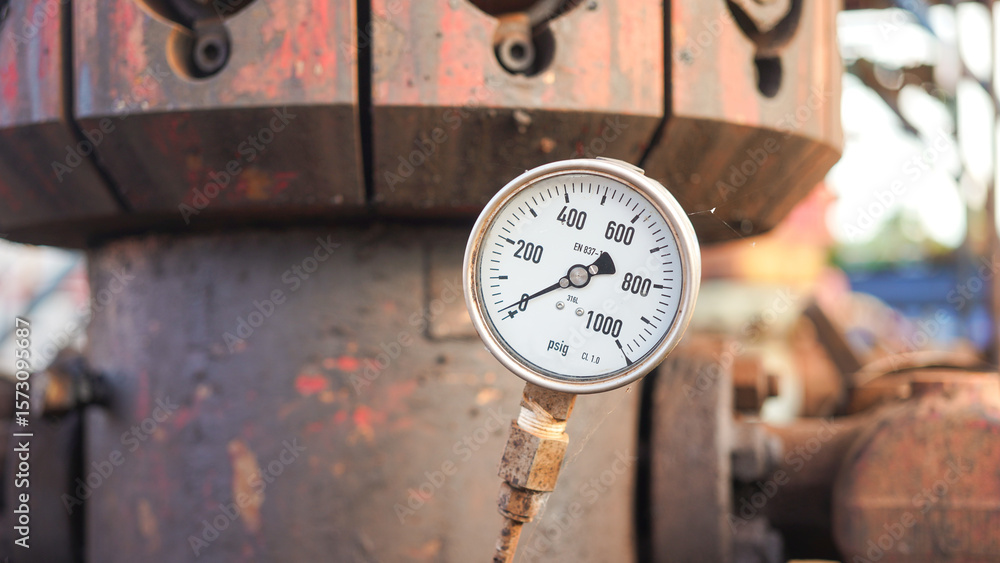 A pressure gauge which is installed on pipeline in refinery plant ...