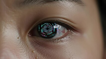 Digital code eye close-up, dark background