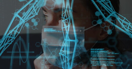 Wall Mural - person wearing mask with digital dna and data processing image overlay