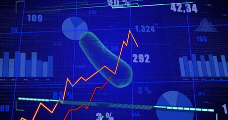 Wall Mural - Displaying green 3D capsule over analytics dashboard showing bar line pie charts and numeric labels