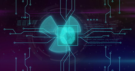 Wall Mural - Showing cyan fingerprint icon in square overlay in virtual interface, with chart and circuit lines