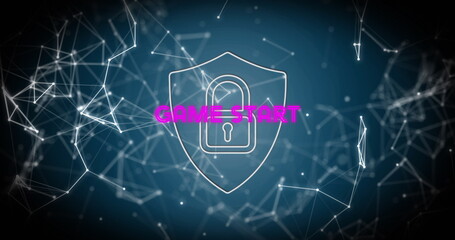 Wall Mural - Displaying shield icon with keyhole and neon GAME START text over blue network, with glowing nodes