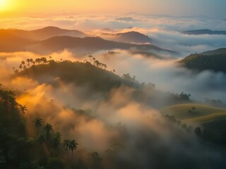 Wall Mural - An aerial view of a cloudy rainforest with sun rays coming through the clouds. 