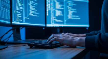 Coding in Blue: Hands Typing on Keyboard with Dual Monitors Displaying Code