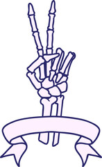 Wall Mural - traditional tattoo with banner of a skeleton giving a peace sign  in bright neon color