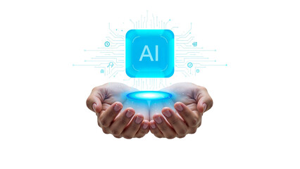 hands presenting glowing ai concept with circuit board design and isolated look