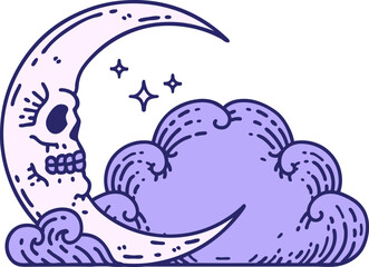 Wall Mural - tattoo in traditional style of a skull crescent moon and clouds in bright neon color