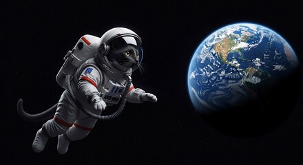 black cat astronaut floating in space, observing earth's blue marble