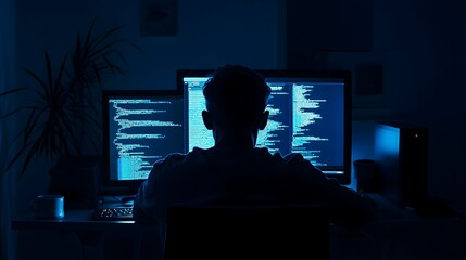 focused programmer working late at night in dark room with code, a silhouette of a programmer workin
