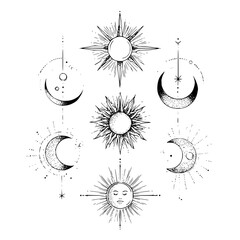 Arrangement of sun and moon illustrations in black and white with celestial elements and cosmic details
