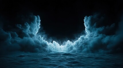 Wall Mural - a monochrome image featuring cloud formations above a waterbody containing a vessel in its center