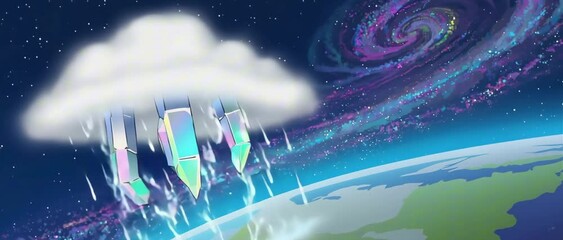 Wall Mural - 2:35:1 A raincloud above Earth with holographic crystal lightning bolts, cartoon animation, divine scale, soft falling rain 