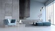 © Sergey - cold tone interior, grey and blue palette, minimal furniture, concrete wall, metallic decor, sleek and cool modern space