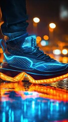 Wall Mural - Neon-lit shoes standing out in the rain, symbolizing contemporary urban fashion and wearable technology.