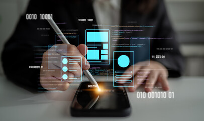 UI UX mockup showing application layout, structure, and code interface. UI design defines user flow, UI design improves clarity, UI design enhances experience, and UX design supports logic. Latch