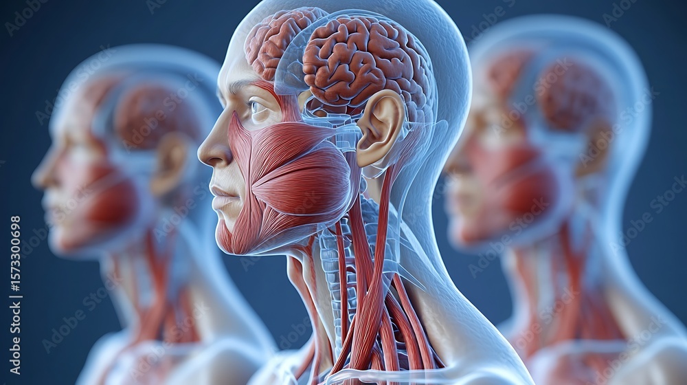 Detailed anatomical illustration of human head and neck muscles. Stock ...
