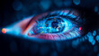 © sommersby - A human eye reflecting a glowing digital urban landscape, a high-tech concept of data perception for a cybernetic interface.