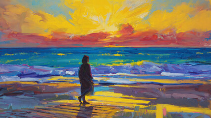 Wall Mural - silhouette of a person walking at sunset on the beach. vibrant sky, ocean in background, reflection 
