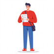 © miracley - Man smiles while holding a document, wearing a red sweater and carrying a shoulder bag.