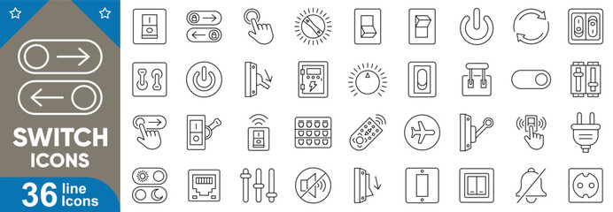 Wall Mural - switch line editable icons set. toggle on, power, light, volume, mode, dimmer, rocker, push button, 