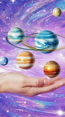 Wall Mural - vertical 9:16 The solar system in the palm of God's hand like marbles, surrounded by stars and stardust, with iridescent artistic cosmic tones, a magical surreal holographic aesthetic