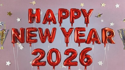 Wall Mural - red banner with the words happy new year 2026 written in balloons. the balloons are hanging from the