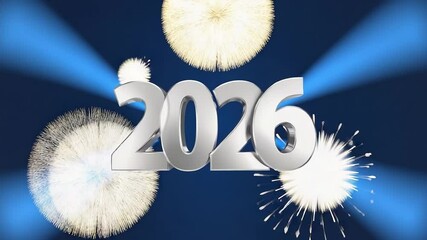 Wall Mural - bright blue background with fireworks and the number 2026 in white. the fireworks and the number giv