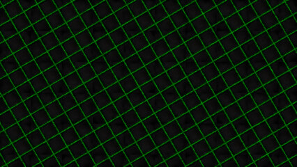 Abstract black background with bright green diagonal grid lines creating a futuristic tech pattern texture for digital concepts
