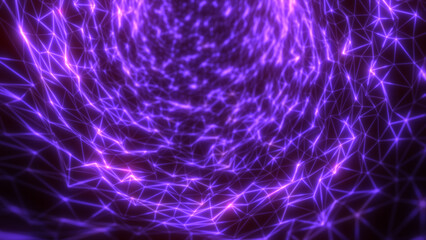 Wall Mural - Glowing purple energy mesh forming a twisting tunnel of connected triangular nodes in a digital space