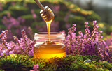 Słoik miodu z łyżką zanurzoną w miodzie, otoczony kwiatami wrzosu – naturalne produkty