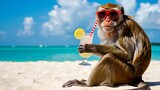Funny monkey relaxing on a tropical beach with sunglasses and a refreshing summer drink.