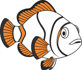 A stylized illustration of a clownfish with bold orange and white stripes and black outlines silhouette