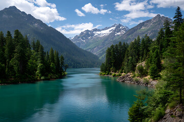 Naklejka na meble Turquoise Lake Scenic View Surrounded by Lush Evergreen Forests and Snowcapped Mountains under a Partly Cloudy Sky