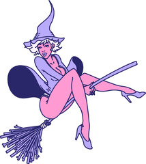 Wall Mural - tattoo in traditional style of a pinup witch in bright neon color