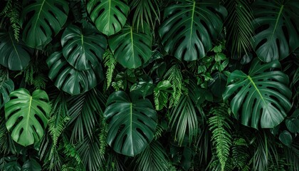  Lush green tropical foliage wall