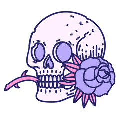 Wall Mural - iconic tattoo style image of a skull and rose in bright neon color