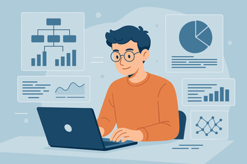 Data scientist programmer working on laptop analyzing data, developing algorithms, visualizing statistics, charts, graphs, big data, machine learning, modern technology concept