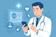 © Charlie - Medical Doctor Using Smartphone for Digital Health Records, Telemedicine, Online Prescription, Healthcare Technology, Modern Medicine, Stethoscope, Laboratory, Patient Data, Blue Background