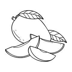 Wall Mural - Outline drawing of whole and sliced mango with leaves. Vector hand-drawn doodle illustration