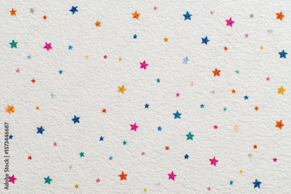Brightly colored stars in various hues are randomly distributed across a textured white background.