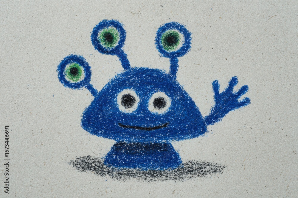 A cheerful blue alien stands with three green eyes and a friendly smile, waving with one hand. The playful design resembles a crayon drawing on a textured paper background.